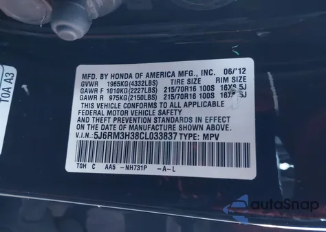 2012 Honda Cr-V Lx from USA, damaged, VIN 5J6RM3H38CL033837